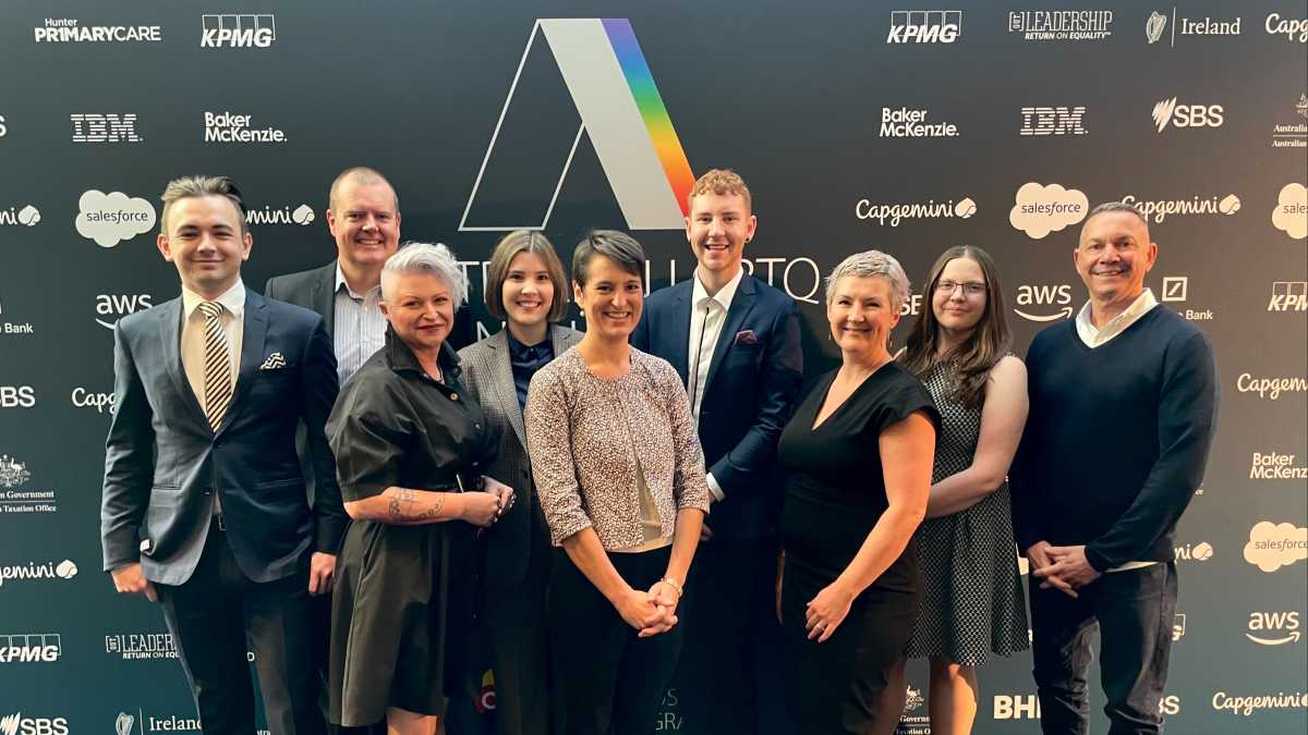 In order from left: Phil Beckett, Neen Chapman, Ashleigh Sternes, Leanne Budd, Kieran Sneddon, Fiona Davies, Katherine McLeod and Darryl Monaghan attend the Pride in Diversity Australian LGBTQ Inclusion Awards in Sydney.