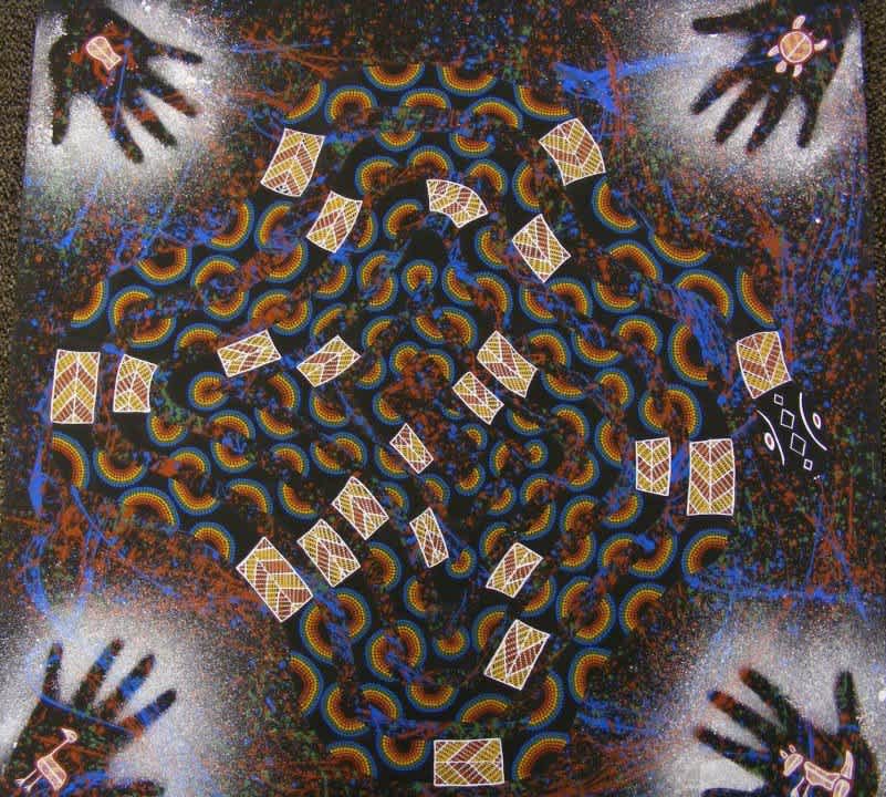 Photo of the Rainbow Serpent painting, the first painting Silvia sold still hanging in the library at South Bank TAFE.