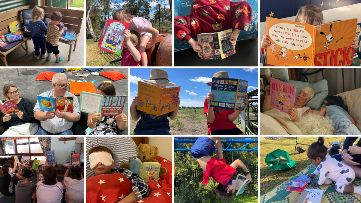 Collage of photos of children reading books.