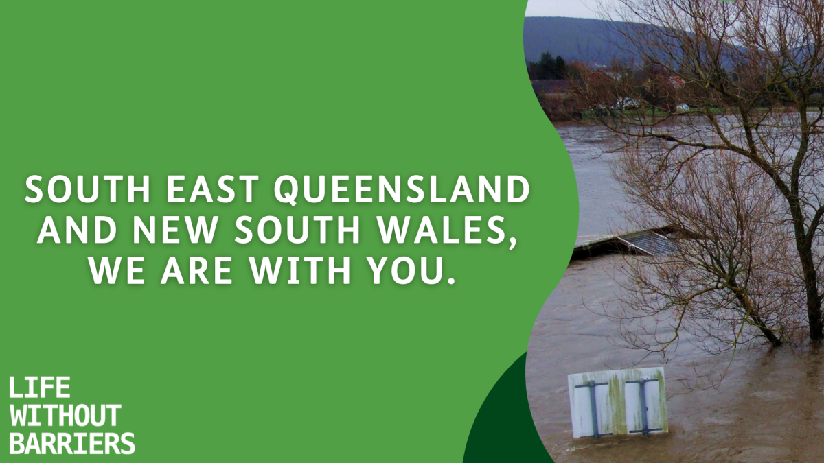 South East Queensland and NSW, we are with you written on a green background. There are floods on the right.
