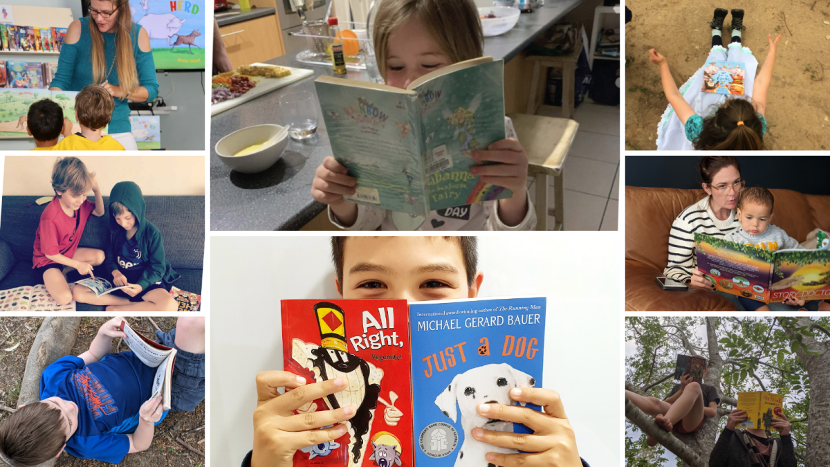 A collage of children reading books.