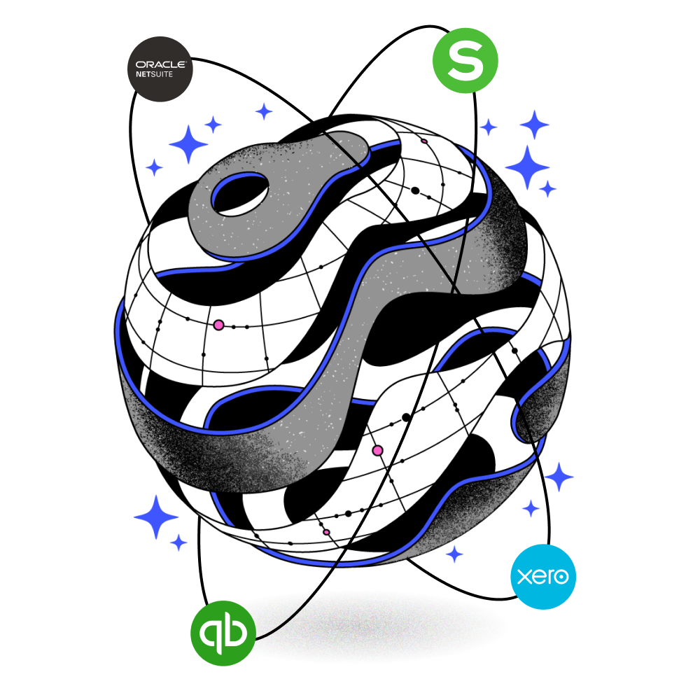 image of globe with Oracle Netsuite, Quickbooks Online, Xero and Sage Intacct accounting software logos 