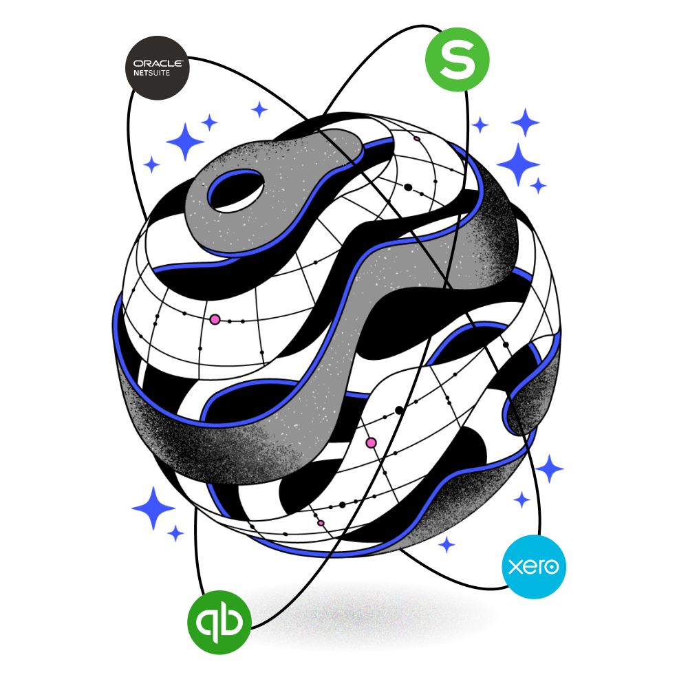 image of globe with Oracle Netsuite, Quickbooks Online, Xero and Sage Intacct accounting software logos