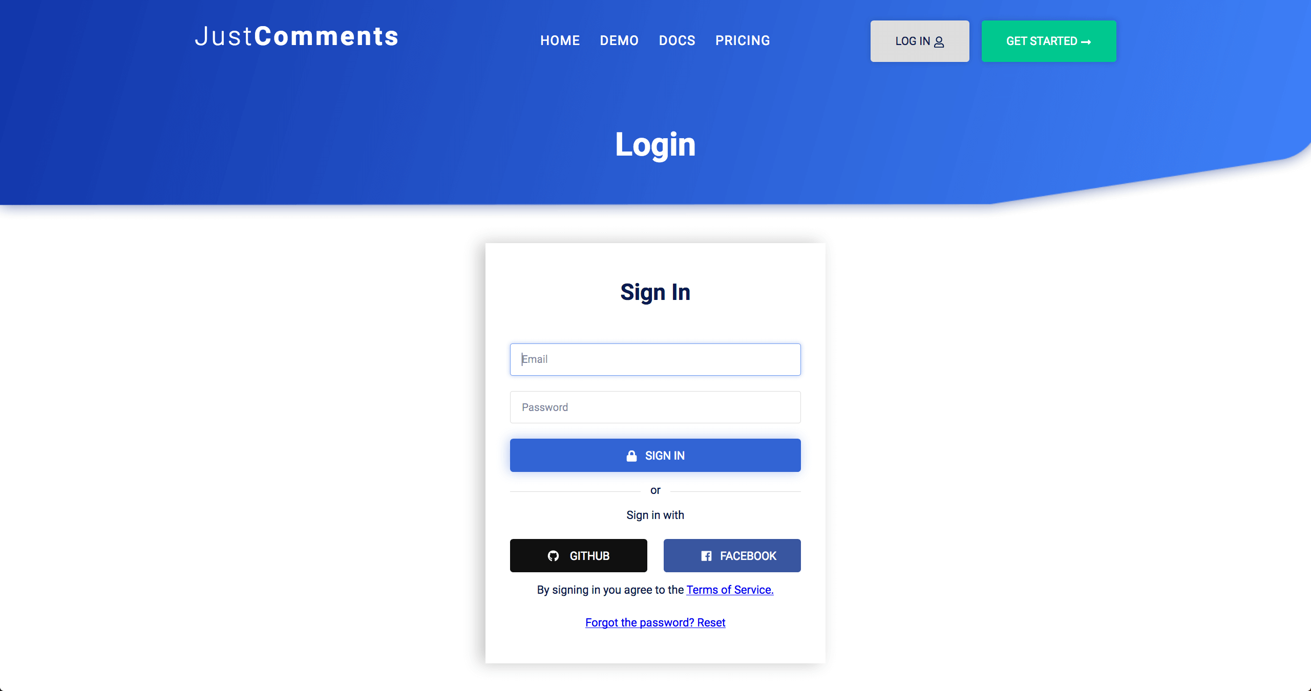 JustComments ログインページ