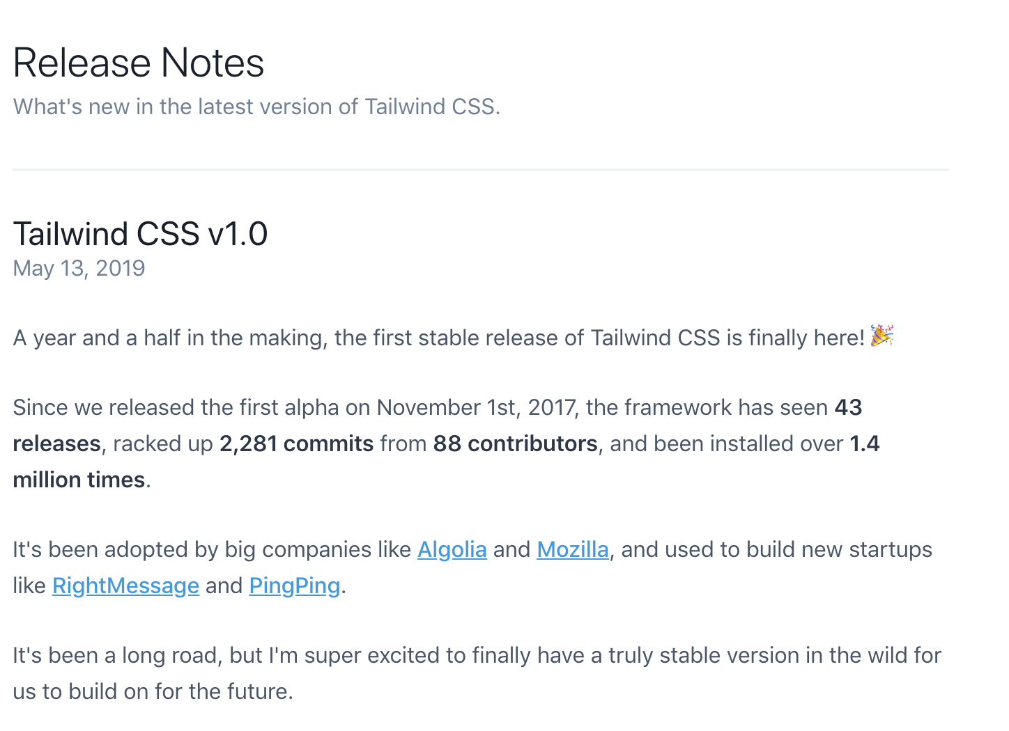 Tailwind CSS v1.0 ReleaseNote