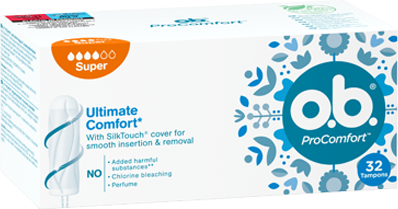 Přední strana balení o.b.® ProComfort Super s 32 kusy tamponů