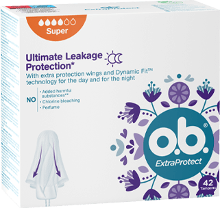 Přední strana balení o.b.® ExtraProtect Super se 42 kusy tamponů