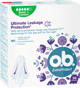 Přední strana balení o.b.® ExtraProtect Super Plus s 36 kusy tamponů