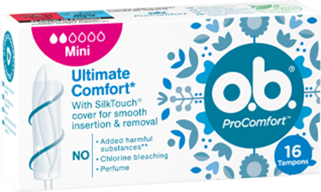 Přední strana balení o.b.® ProComfort Mini s 16 kusy tamponů