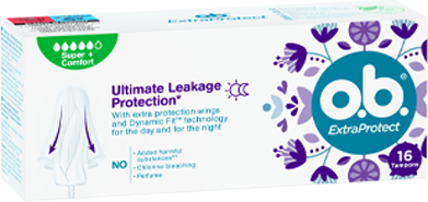 Přední strana balení o.b.® ExtraProtect Super Plus s 16 kusy tamponů