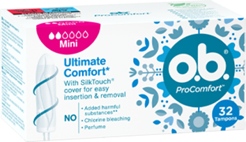 Přední strana balení o.b.® ProComfort Mini s 32 kusy tamponů
