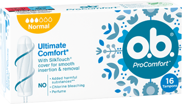 Přední strana balení o.b.® ProComfort Normal s 16 kusy tamponů