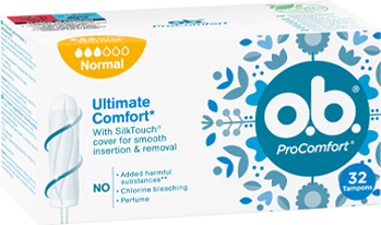 Přední strana balení o.b.® ProComfort Normal s 32 kusy tamponů