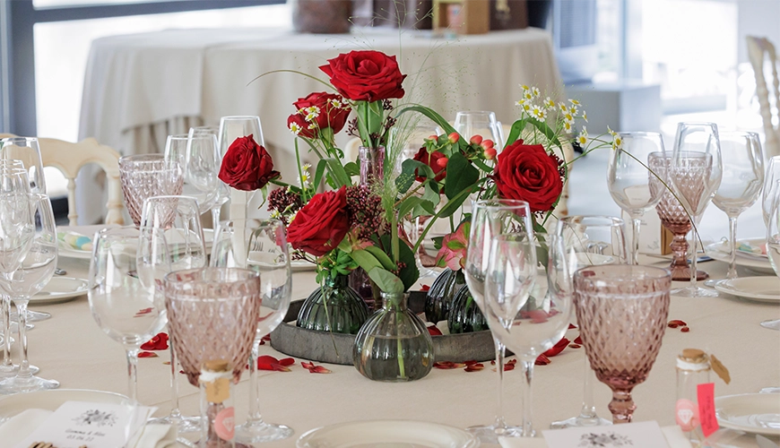 Love through a red rose wedding table flowers