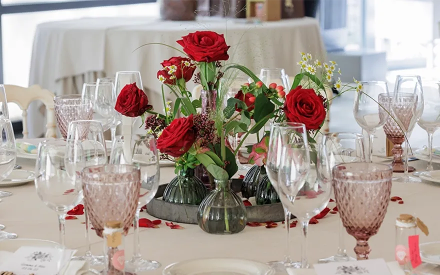 Love through a red rose wedding table flowers