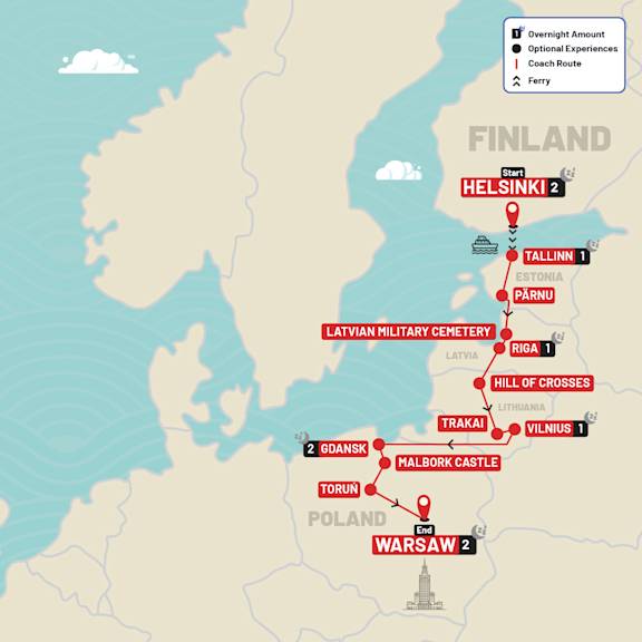 Helsinki to Warsaw New Year route map