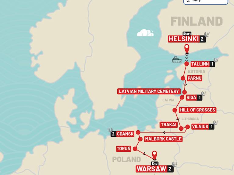 Helsinki to Warsaw New Year route map