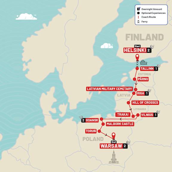 Helsinki to Warsaw route map