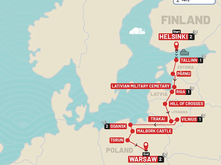 Helsinki to Warsaw route map