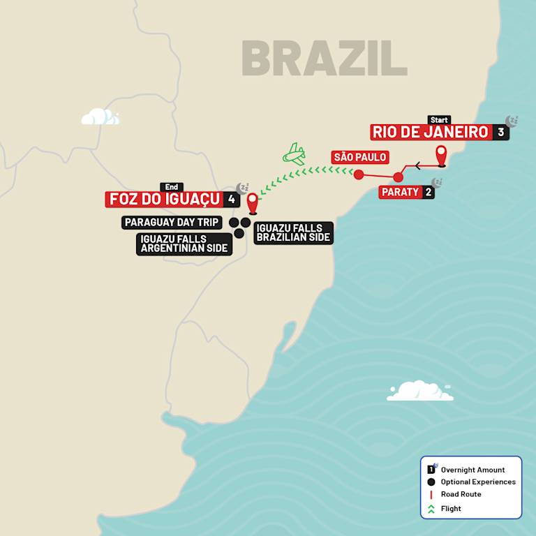 Brazil & Iguazu Highlights - Tour Rio de Janeiro to Iguazu Falls route map