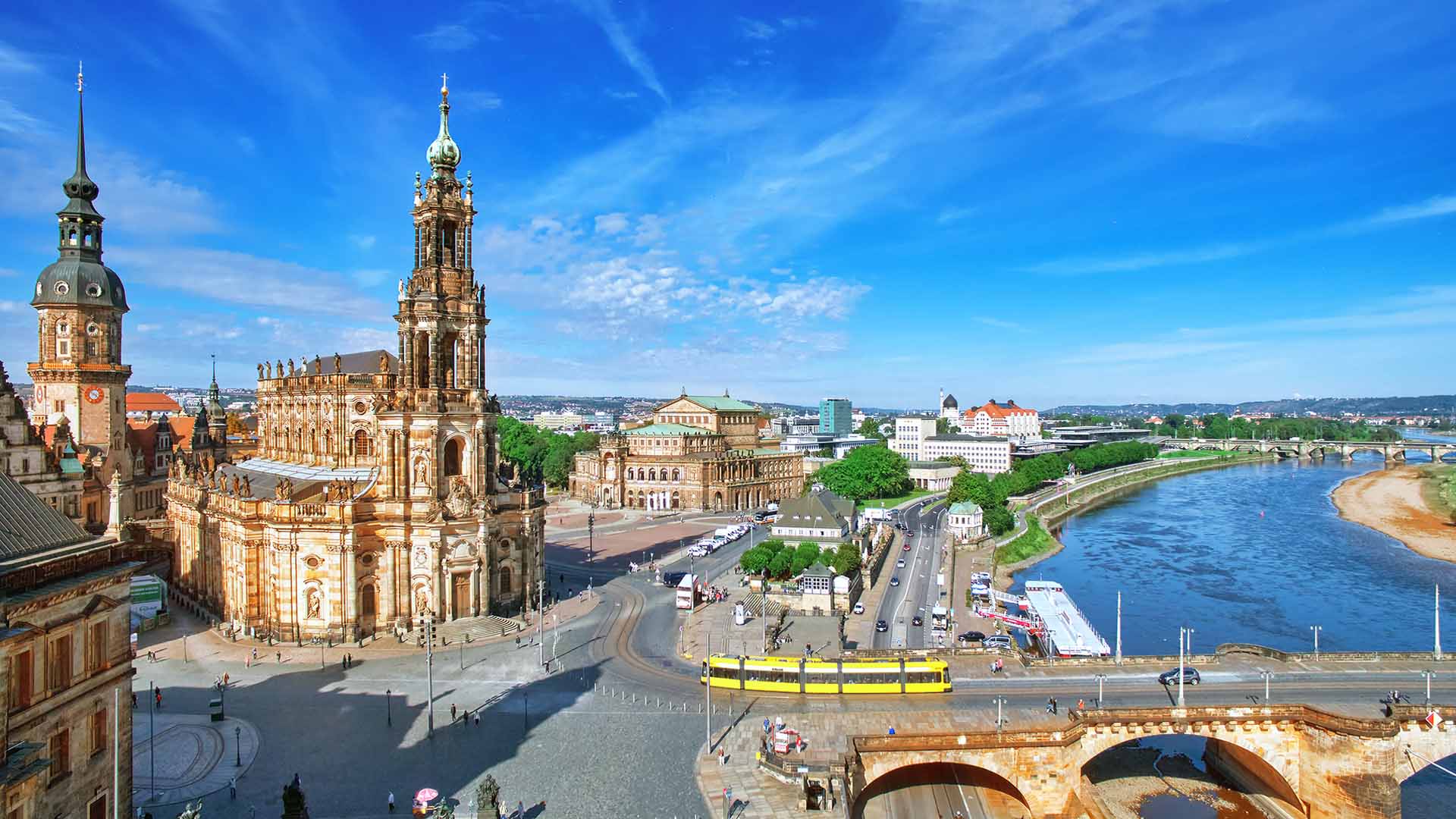 Old Town and of Katholische Hofkirche Opera Semperoper Dresden Germany. Fly view