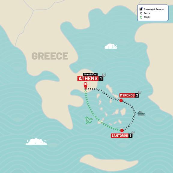 Athens, Mykonos & Santorini route map