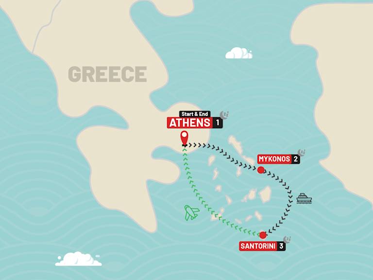 Athens, Mykonos & Santorini route map
