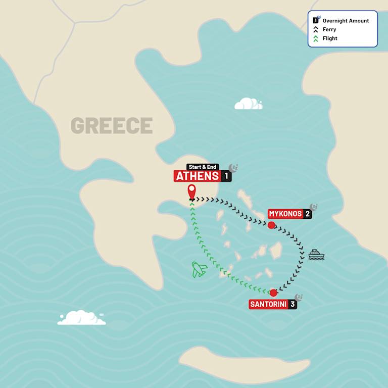 Athens, Mykonos & Santorini route map