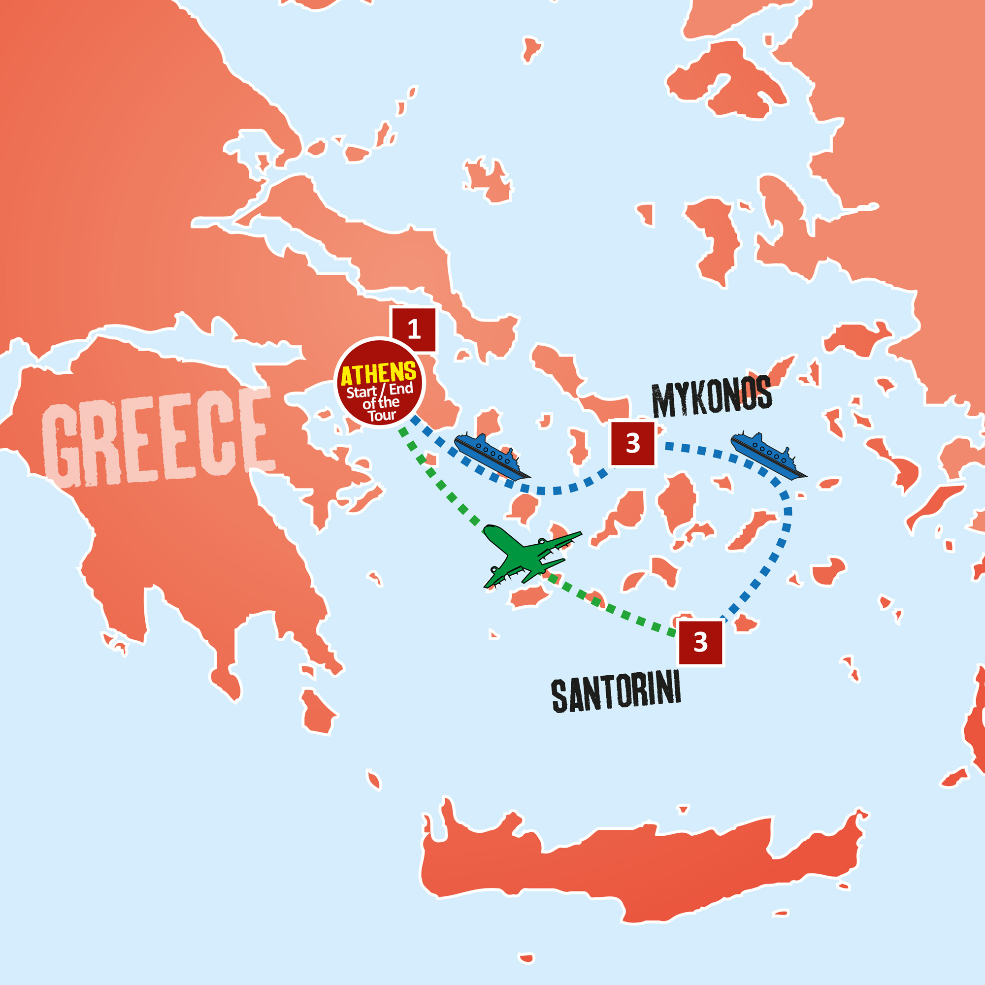 tourhub | Expat Explore Travel | Athens, Mykonos & Santorini | Tour Map