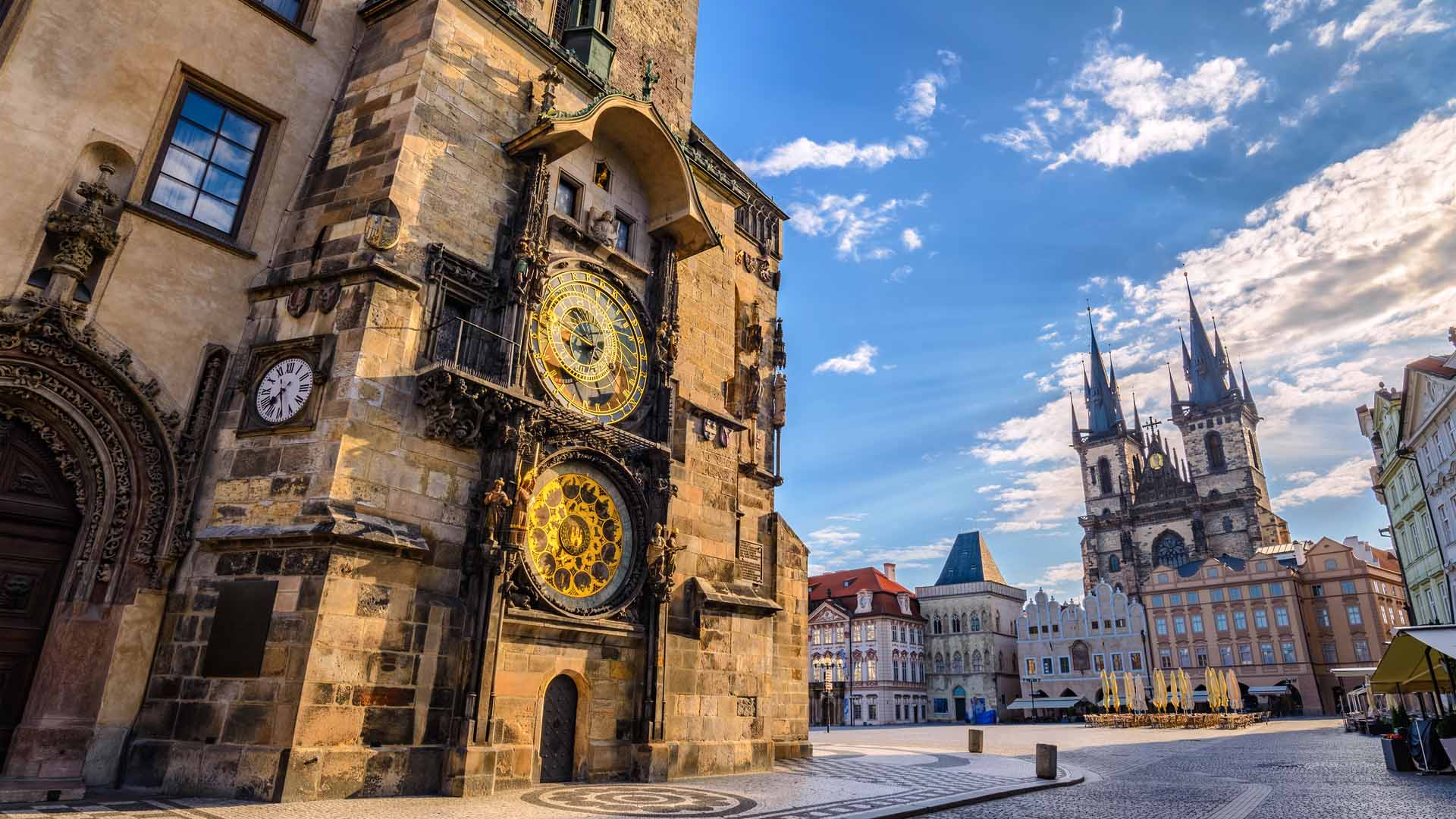Prague Old Town Square Czech Republic sunrise city skyline at Astronomical Clock Tower