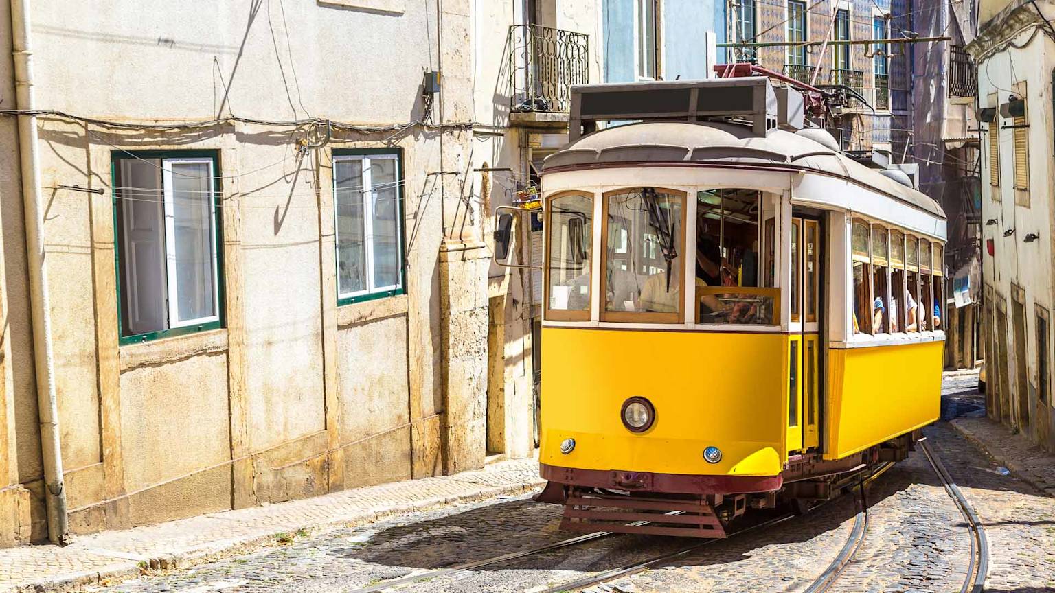 Vintage-tram-in-the-city-center-of-Lisbon-in-a-beautiful-summer-day-Portugal