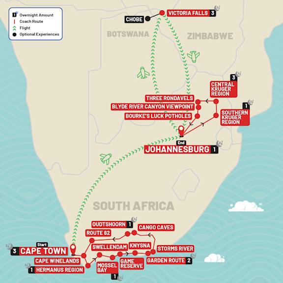 South Africa Escape with Victoria Falls route map