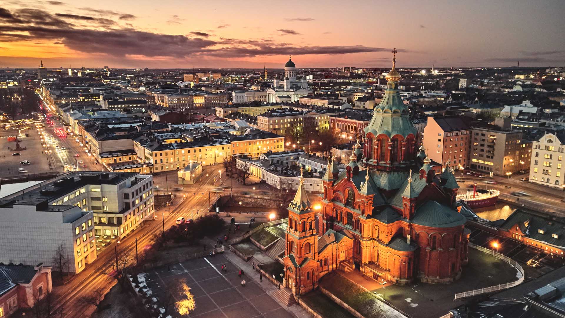 aerial-view-Presidential-Palace-and-Uspenski-Cathedral-Helsinki-Finland