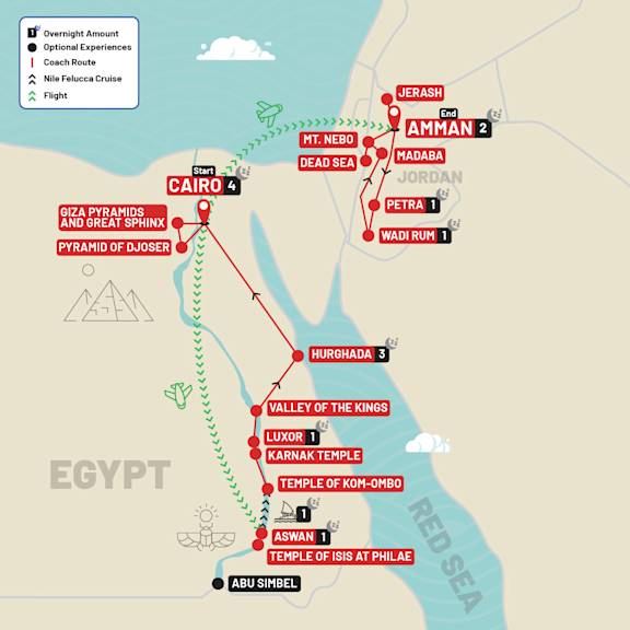 Egypt & Jordan Adventure with Felucca Cruise route map