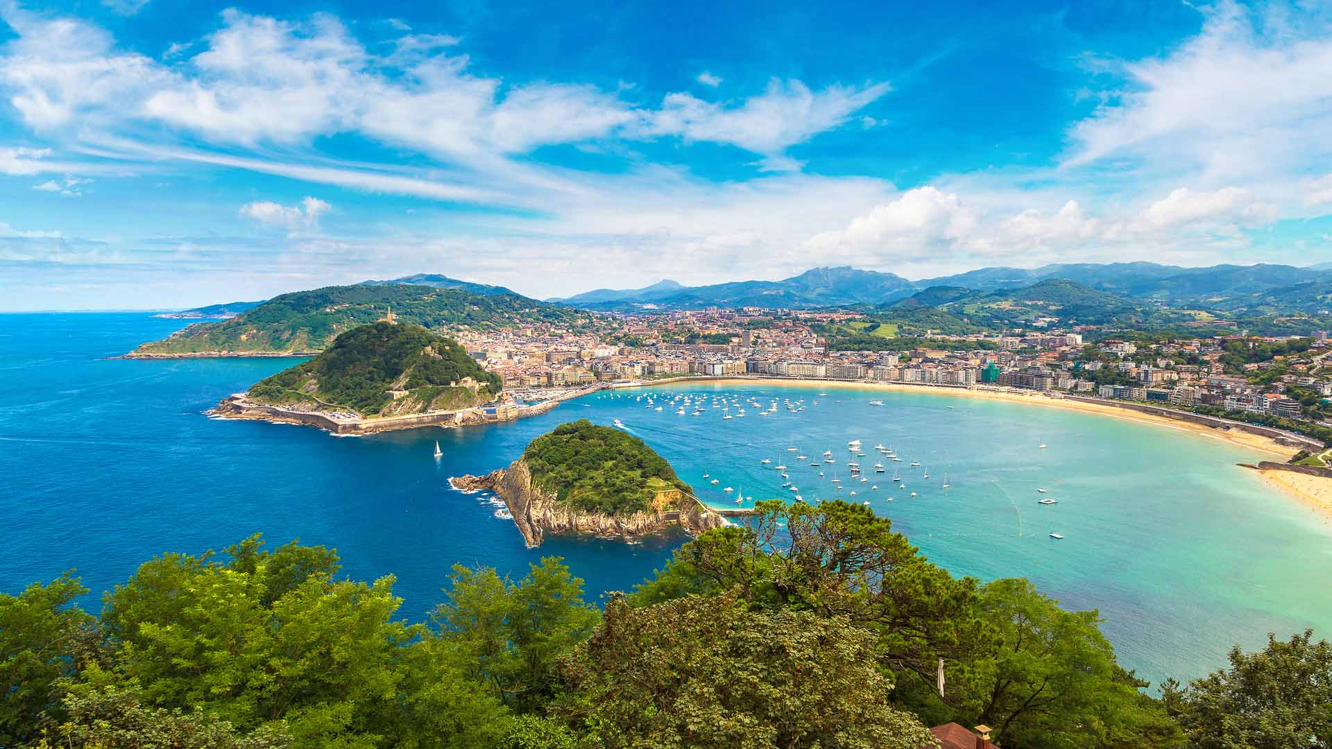 Panoramic-aerial-view-of-San-Sebastian-Donostia-in-a-beautiful-summer-day-Spain