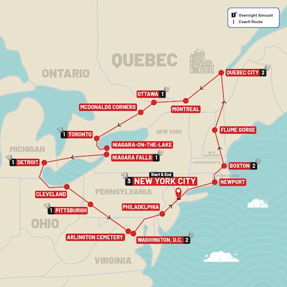 Eastern USA & Canada Escape (incl. New York) route map