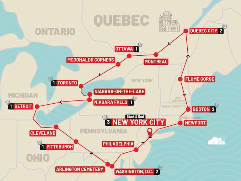 Eastern USA & Canada Escape (incl. New York) route map