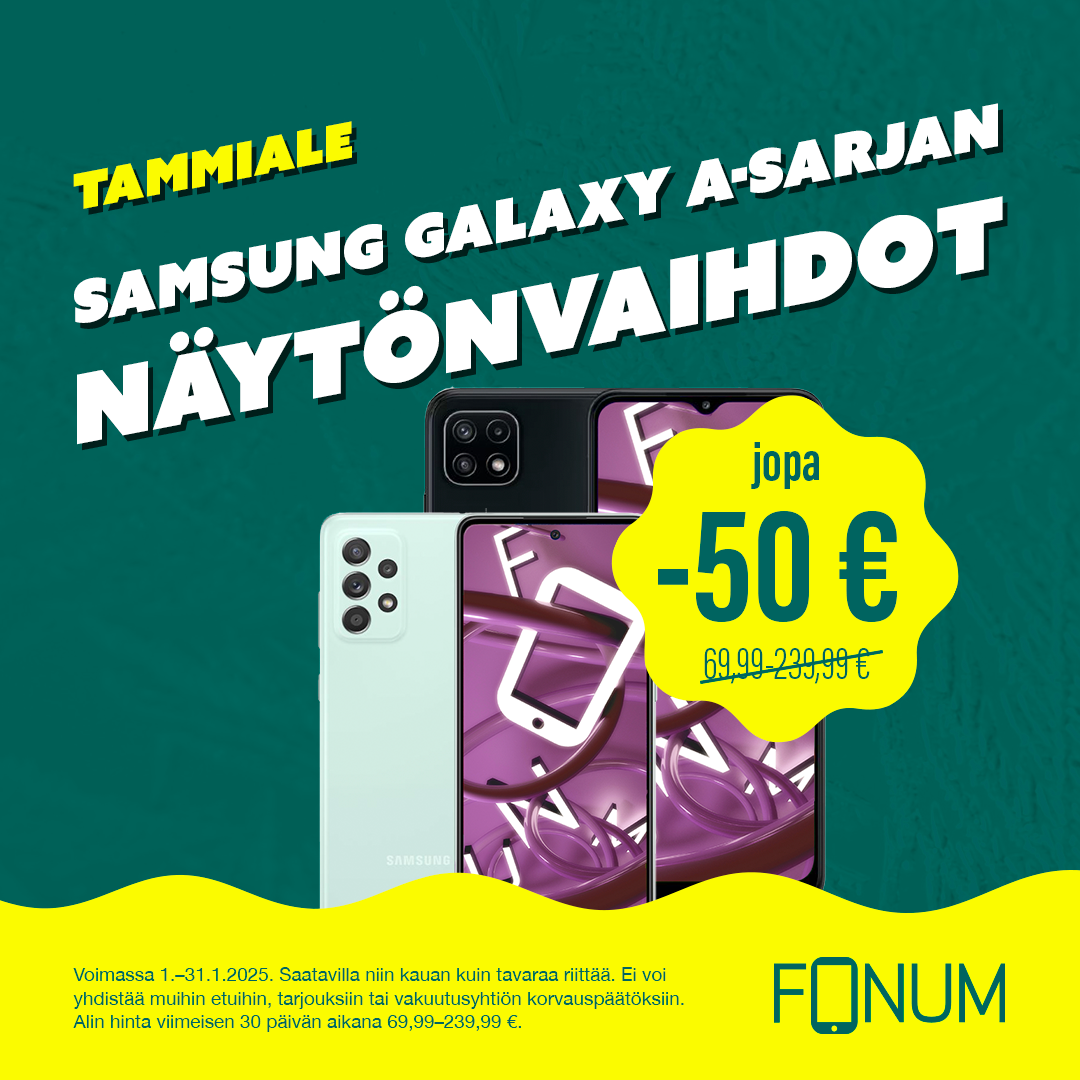 Fonumin Tammialesta Samsung A-sarjan näytönvaihdot jopa -50 €