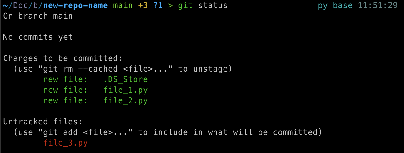 A screenshot with an example output from entering the command git status.