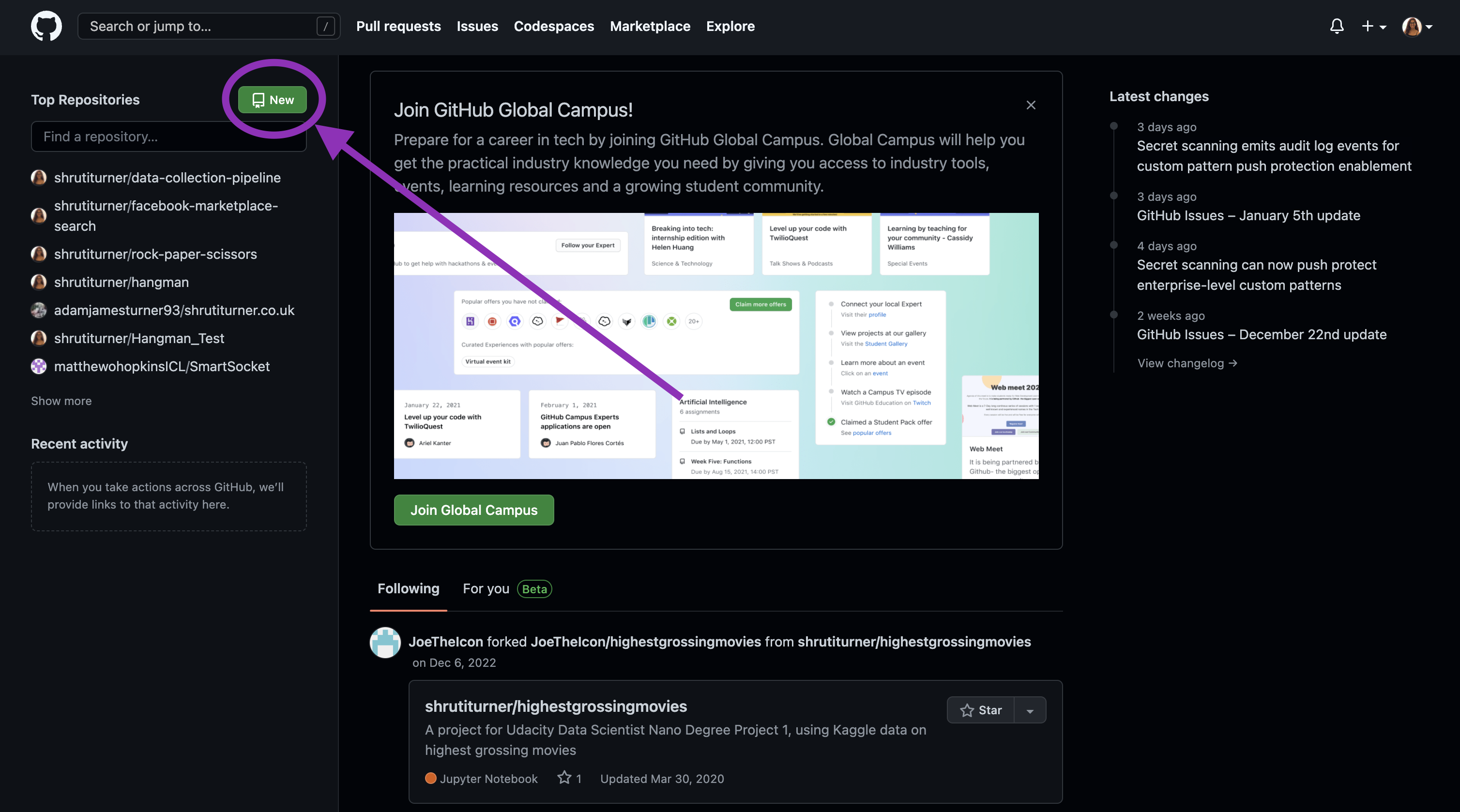 Screenshot with arrow to show where to create a new GitHub repo.