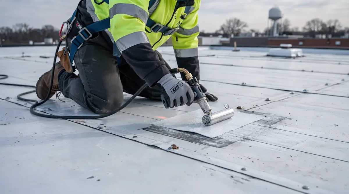 TPO single ply repair restores damaged thermoplastic polyolefin membranes through targeted patching, seam re-welding