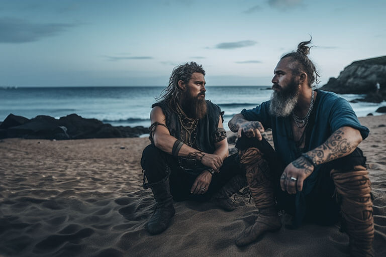 two bearded vikings on a beach chatting 