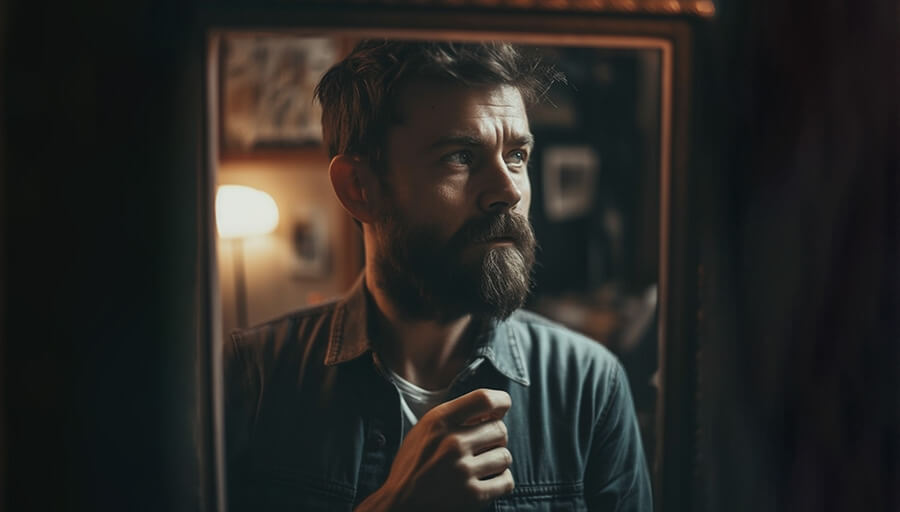 c a man with a short beard looking in the mirror