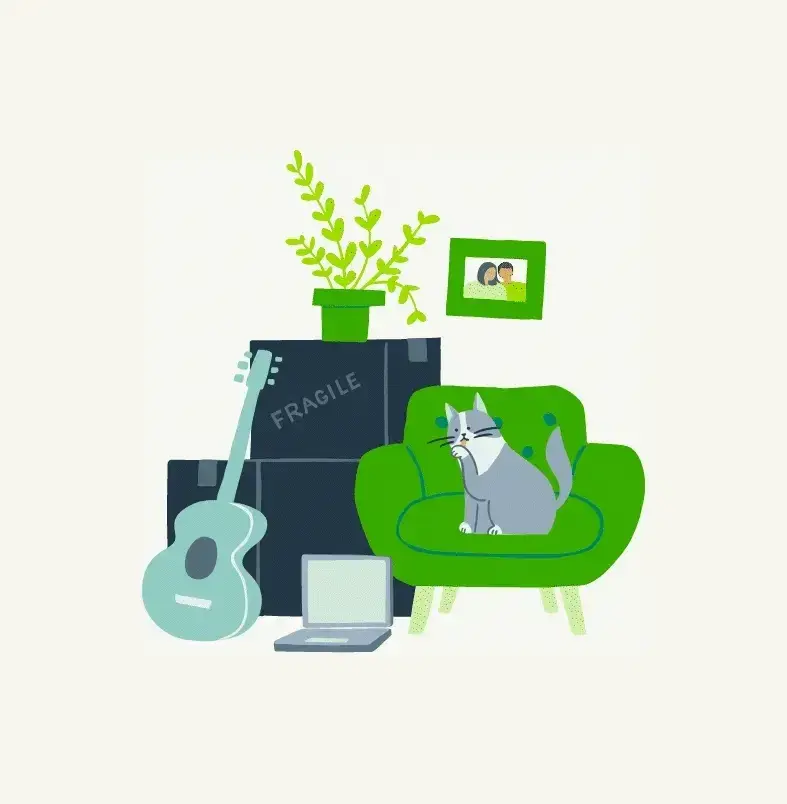 Illustration of items covered by renters insurance policy: a laptop, guitar, furniture, and personal belongings (plus a cat.)