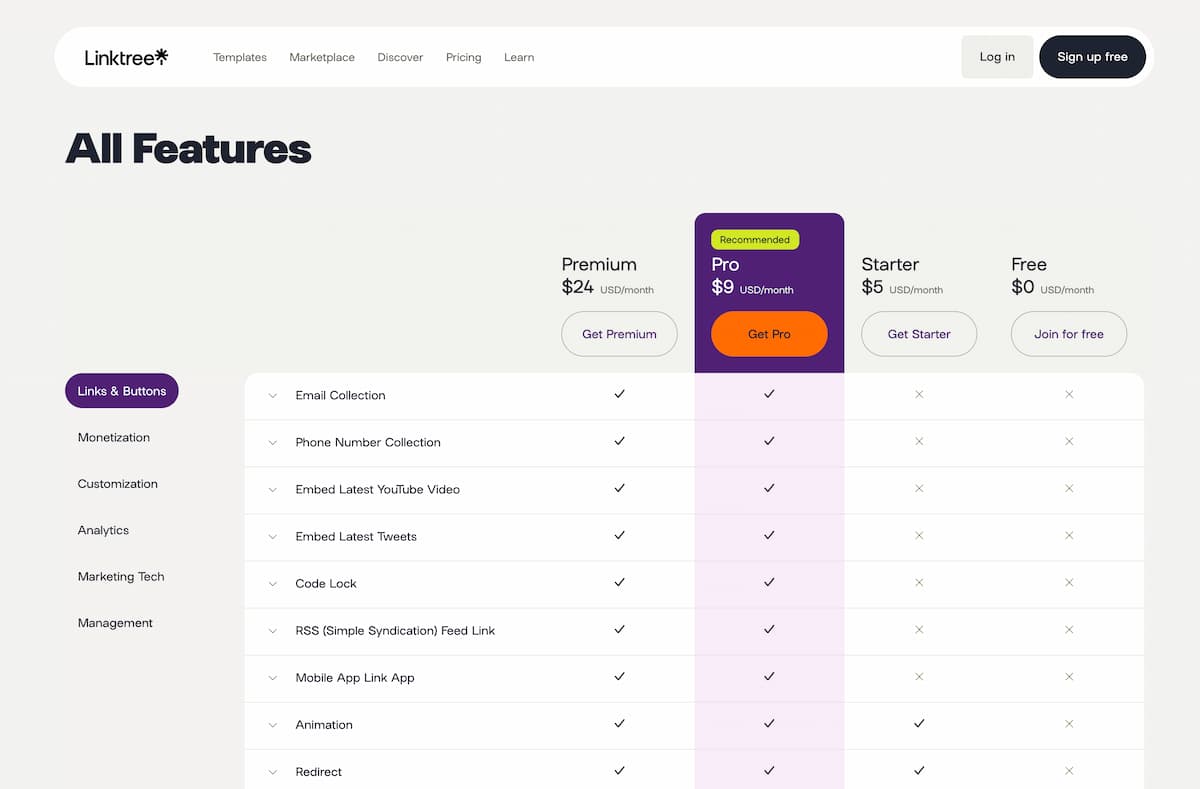 a bio link tool pricing page