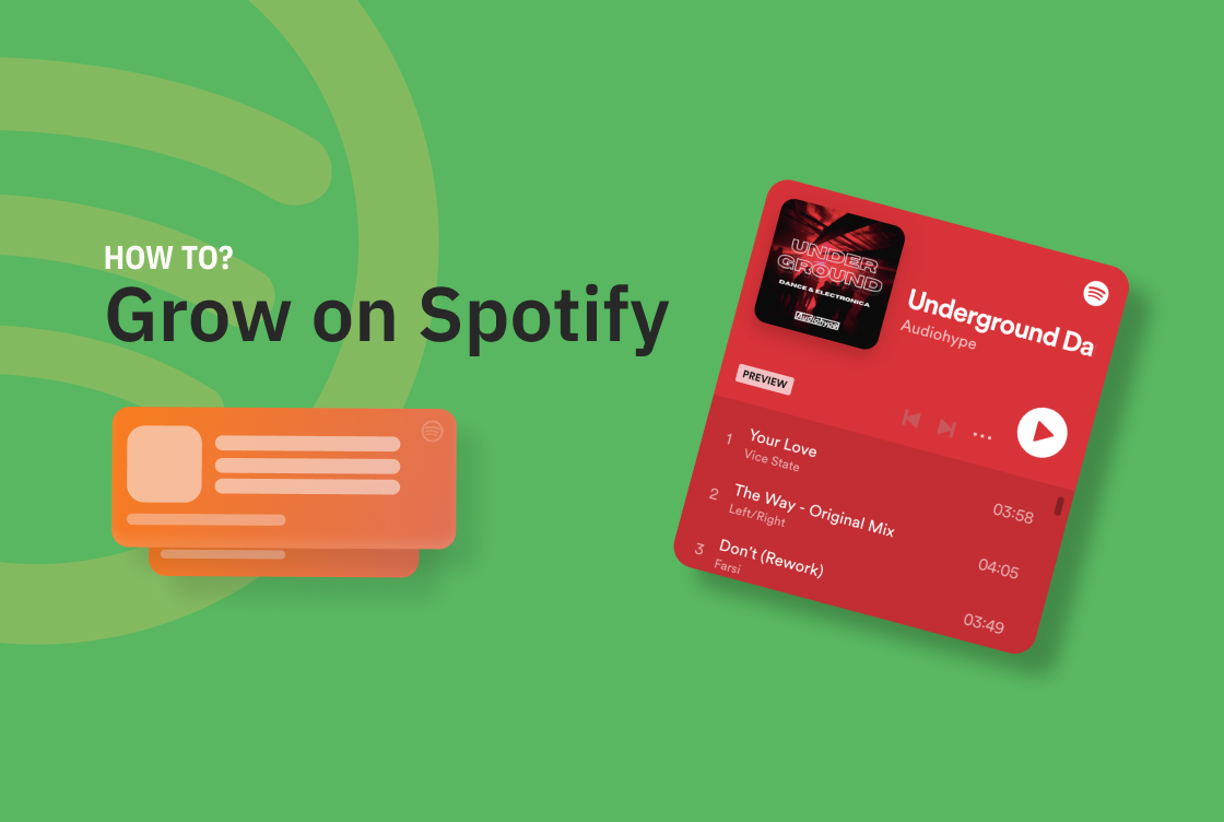 It says "how to grow on spotify". Background is green, has spotify logo and spotify list view