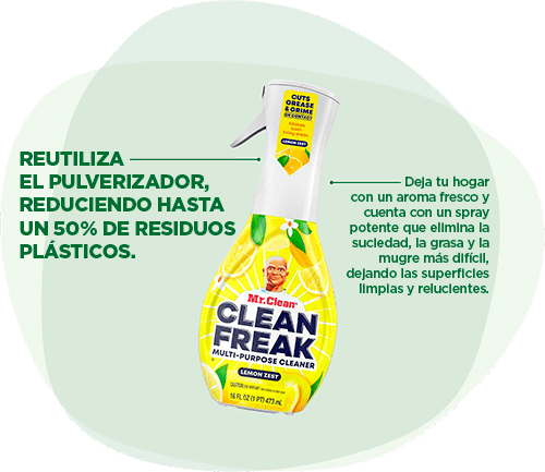 Limpiador Multiusos Clean Freak: Reutiliza el pulverizador, reduciendo hasta un 50 % de residuos plásticos. Deja tu hogar con un aroma fresco y cuenta con un spray potente que elimina la suciedad, la grasa y la mugre más difícil.