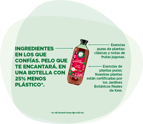 Herbal Essences: Ingredientes en los que confías. Pelo que te encantará. En una botella con 25% menos plástico*. Esencias puras de plantas: Nuestras plantas están certificadas por los Jardines Botánicos Reales de Kew. *vs. HE Smooth Rose Hips 400 mL.