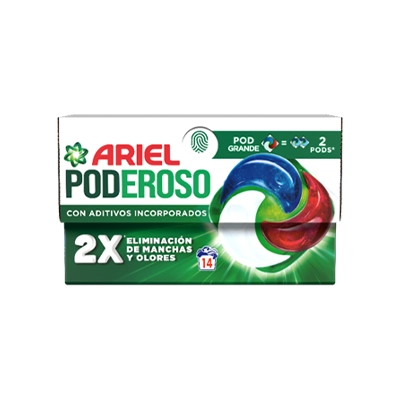 Envase de Ariel Poderoso con un POD® de cuatro compartimentos y mensajes sobre aditivos incorporados y doble eliminación de manchas y olores.