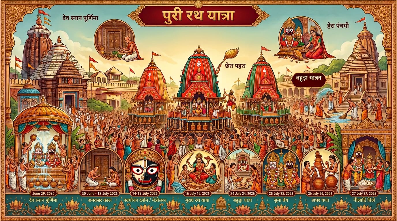 महाप्रभु जगन्नाथ की विश्व प्रसिद्ध रथ यात्रा 2026 पूर्णिमा से नीलाद्रि बिजे तक का पूरा शेड्यूल